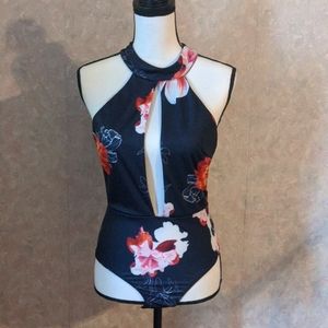 Navy Blue Floral Print Plunge Bodysuit